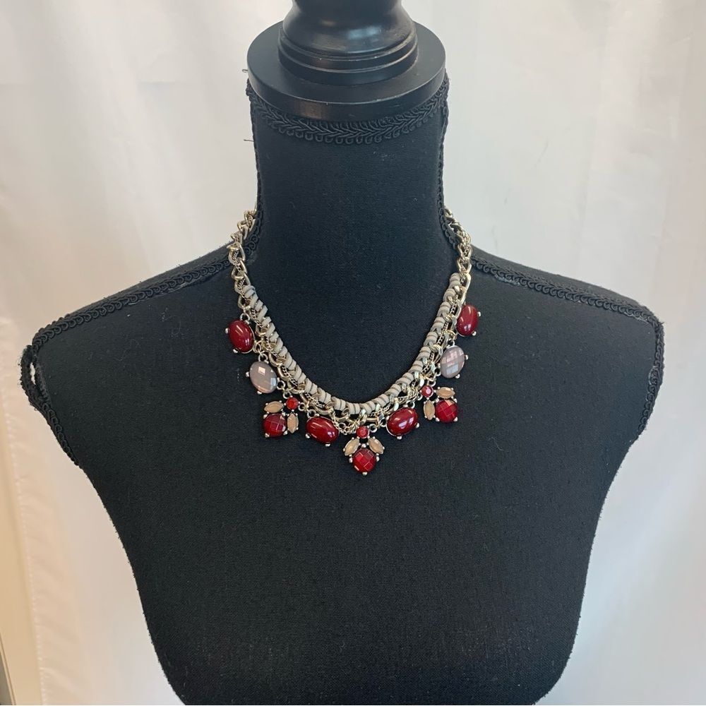 Red taupe gray brown gem jewelled silver tone faux leather braided necklace